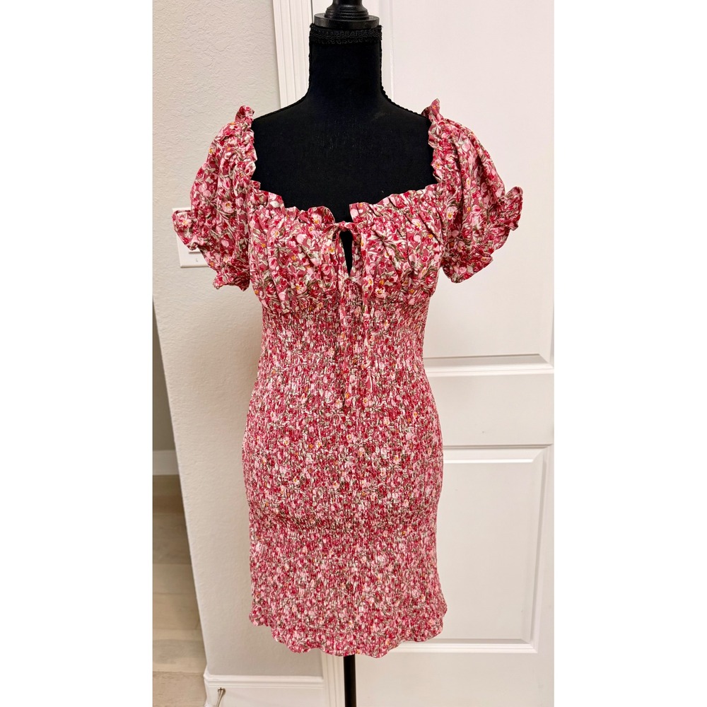 Haute Monde Pink Floral Smocked Mini Dress Womens Medium Puff Sleeve Bodycon